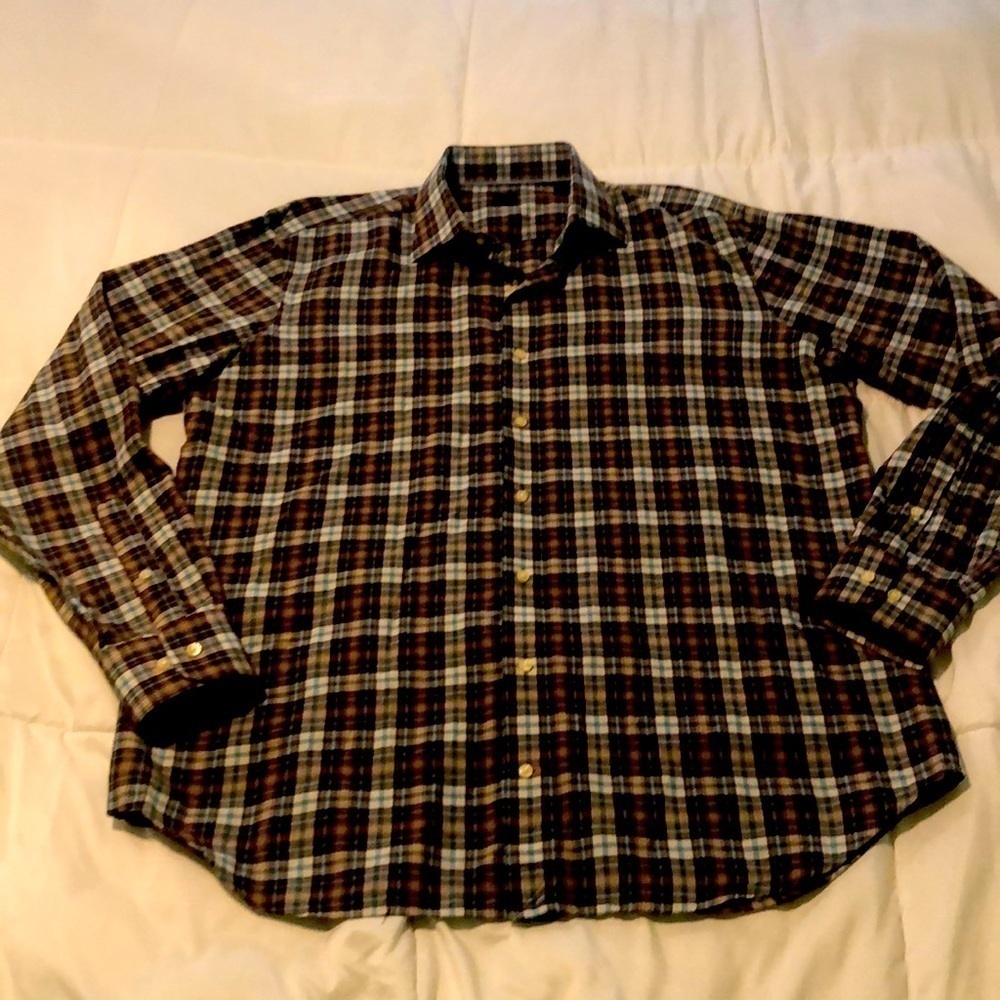 Mercer Blue button down plaid T-shirt unisex w colors of brown off white blue